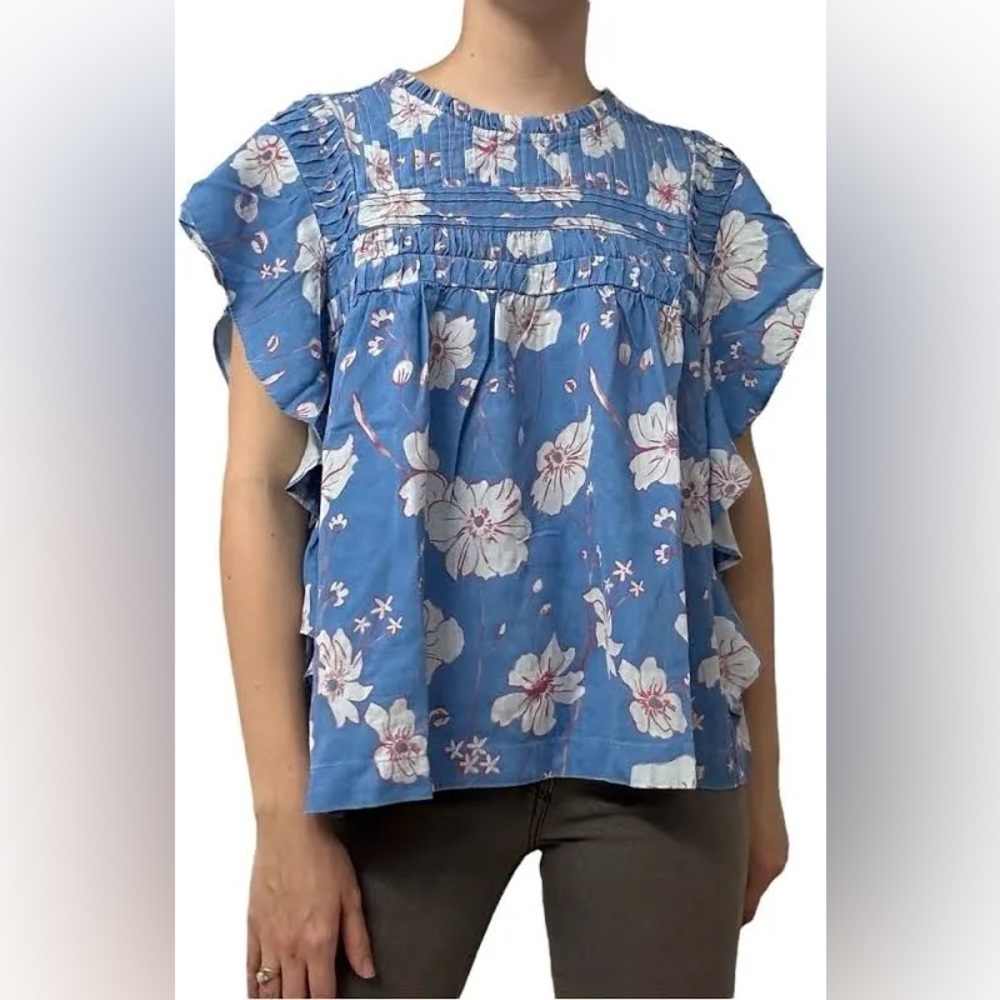 NWT Anthropologie Eze Sur Mer Blouse Ruffle Blue Floral Boho Casual Size Medium